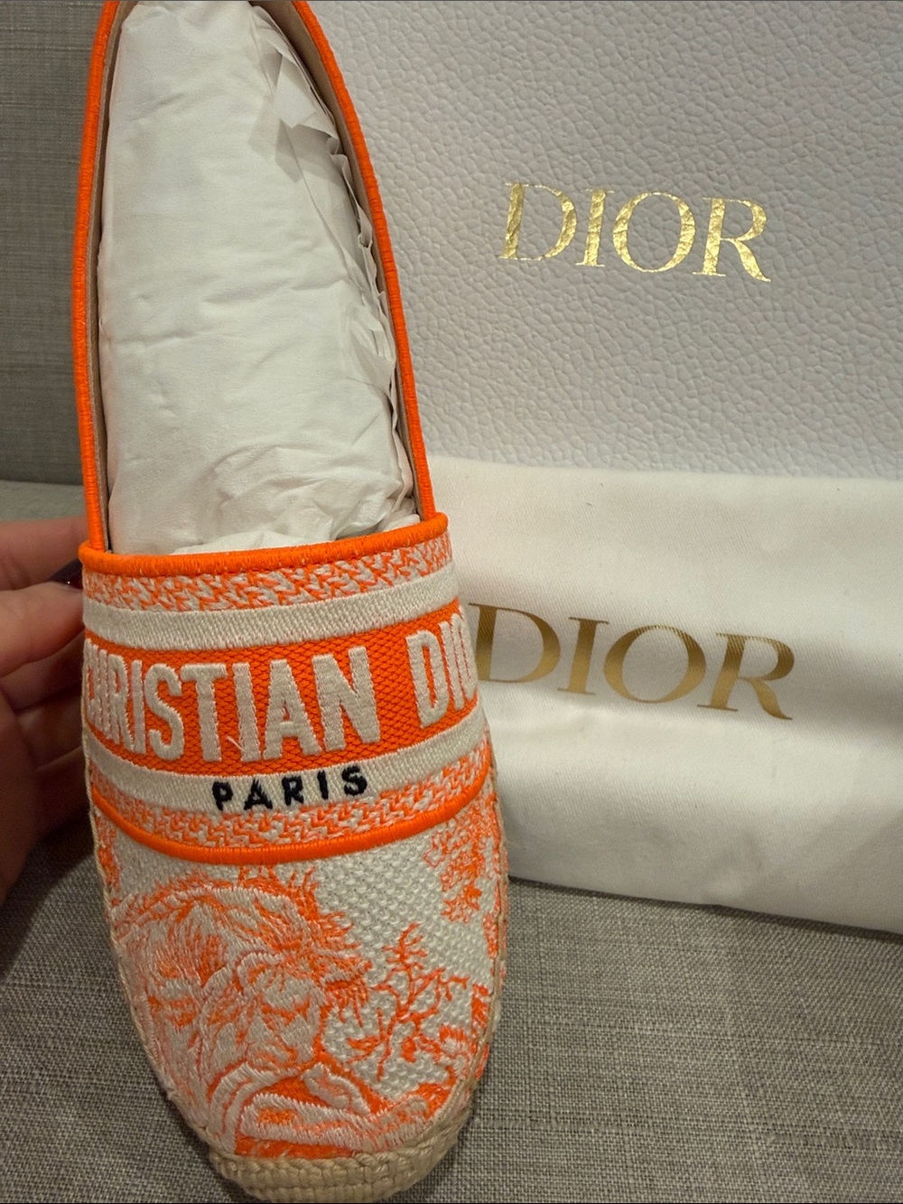 Christian Dior Orange & Cream Embroidered Espadrille Slip-On